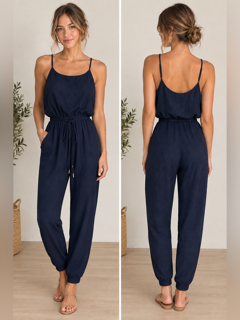 Vtg Y2K City Triangles Navy Sleeveless Jumpsuit Women's Size Small Resort Luxury